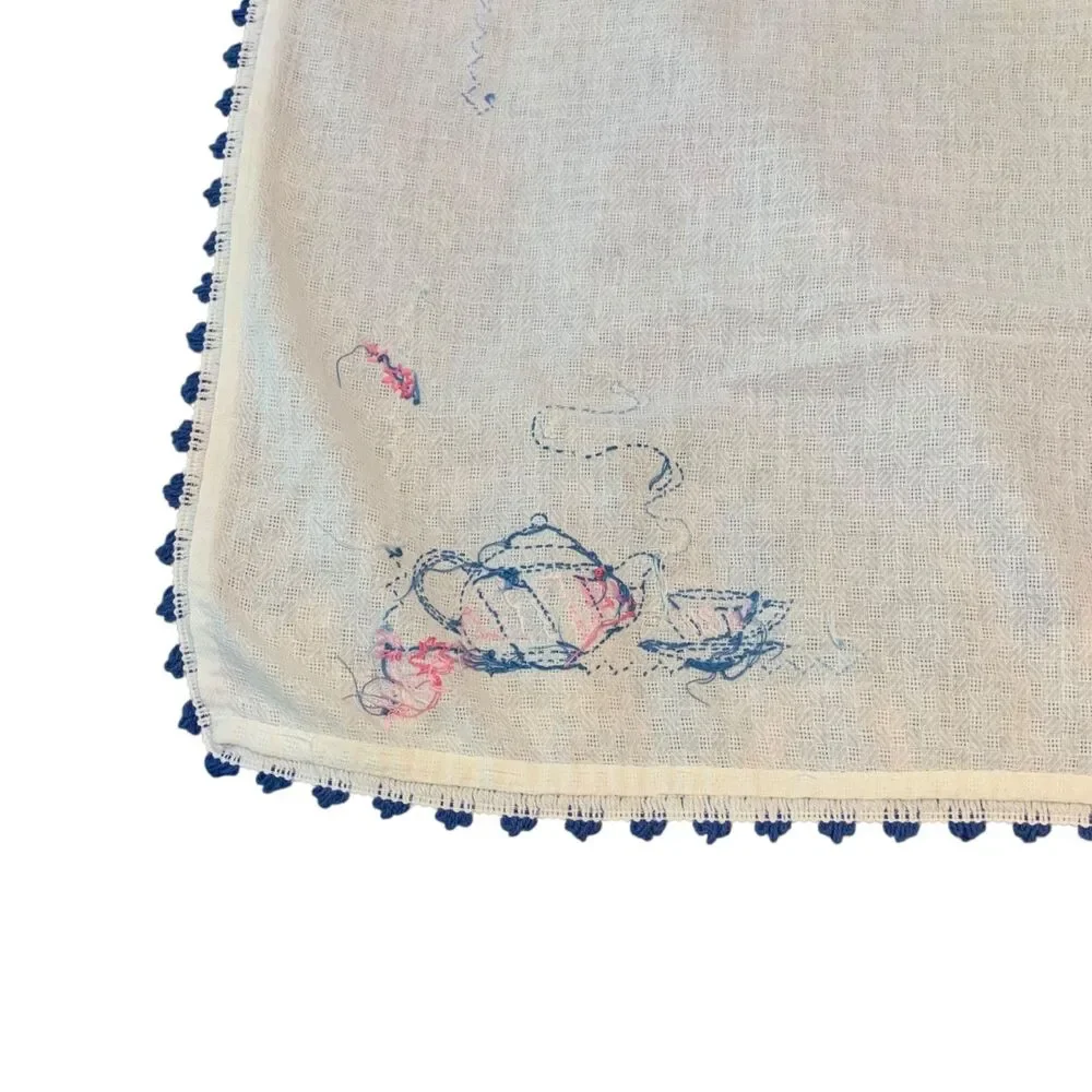 Vintage Linen Tea Towel Embroidered Tea Pots and Floral Country Farmhouse